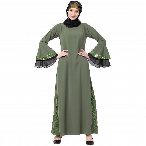 A-line abaya with Black sequins work- Jade Green